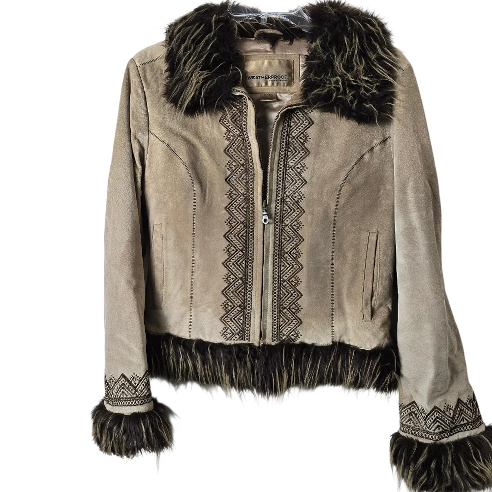 Weatherproof Garment Co. Vtg  Suede Leather Tan Embroidered Penny Lane Coat M - Picture 3 of 17